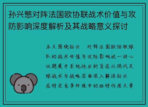 孙兴慜对阵法国欧协联战术价值与攻防影响深度解析及其战略意义探讨